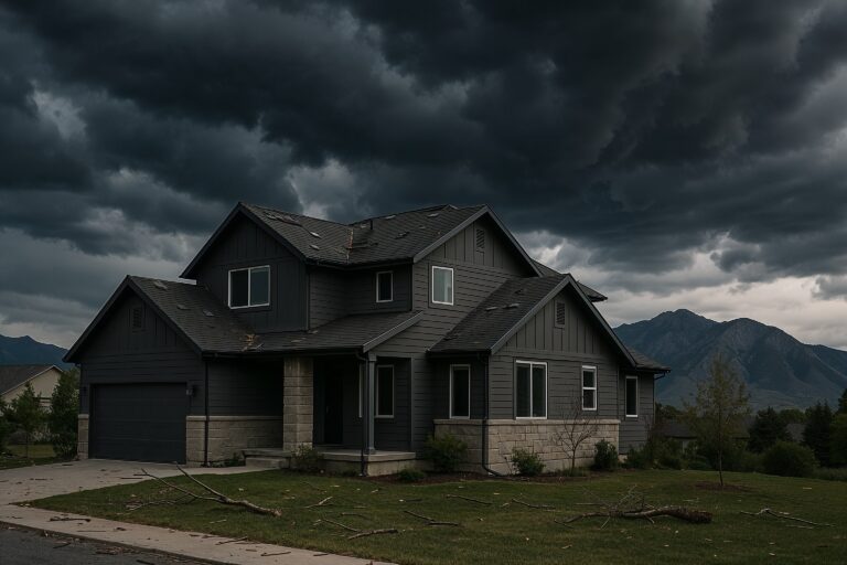 Modern Utah home with roof damage and fallen tree limbs after a severe storm in Salt Lake County