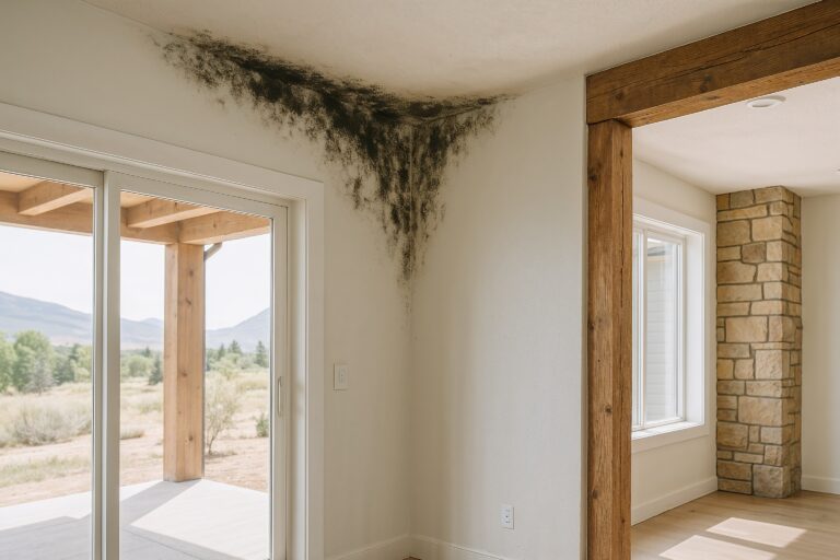 Black mold growing on the corner ceiling of a Utah home near large windows